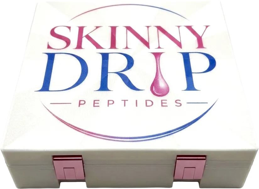 White vial box with a Skinny Drip Peptides logo printed on the lid