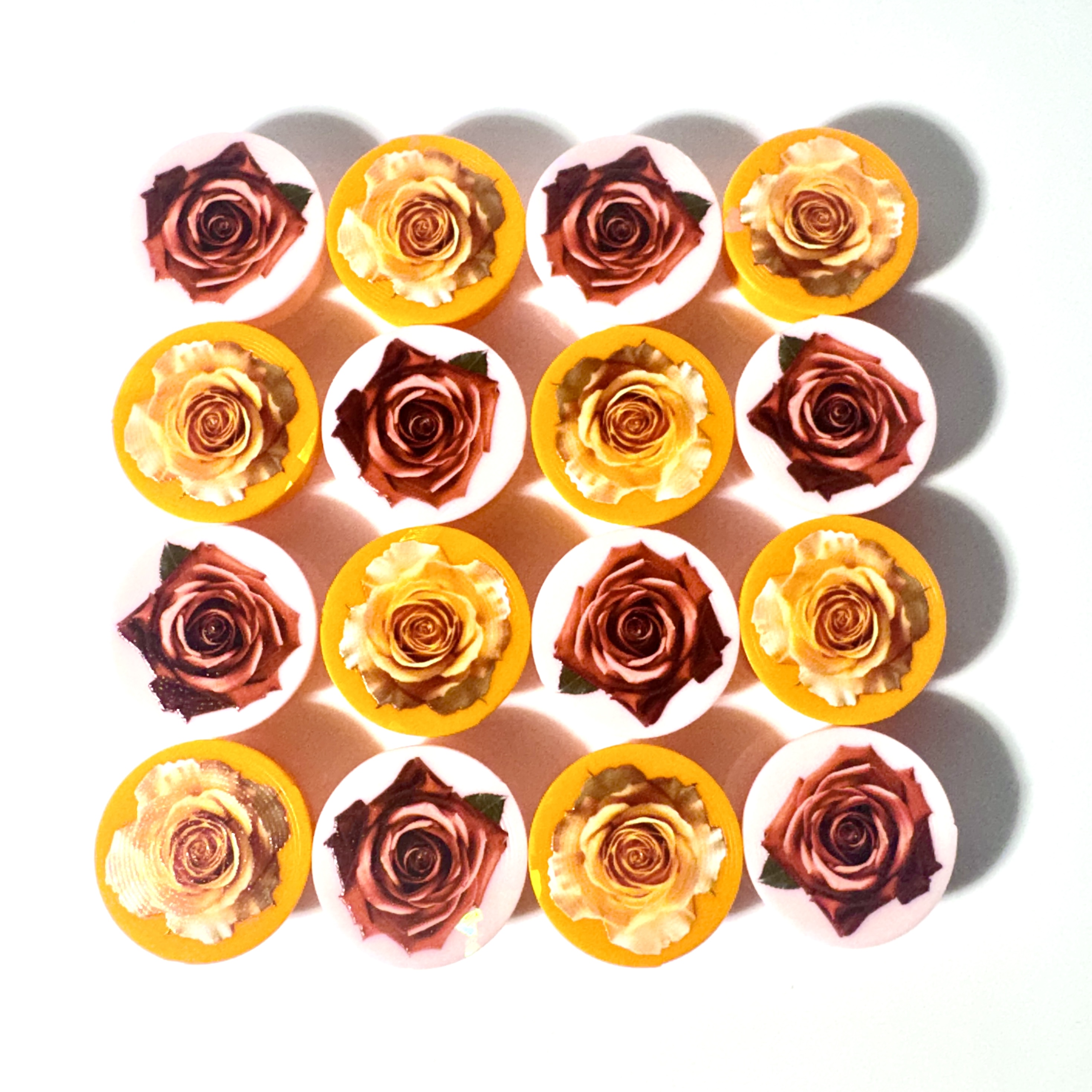 Yellow-rimmed caps with full-color rose photo prints