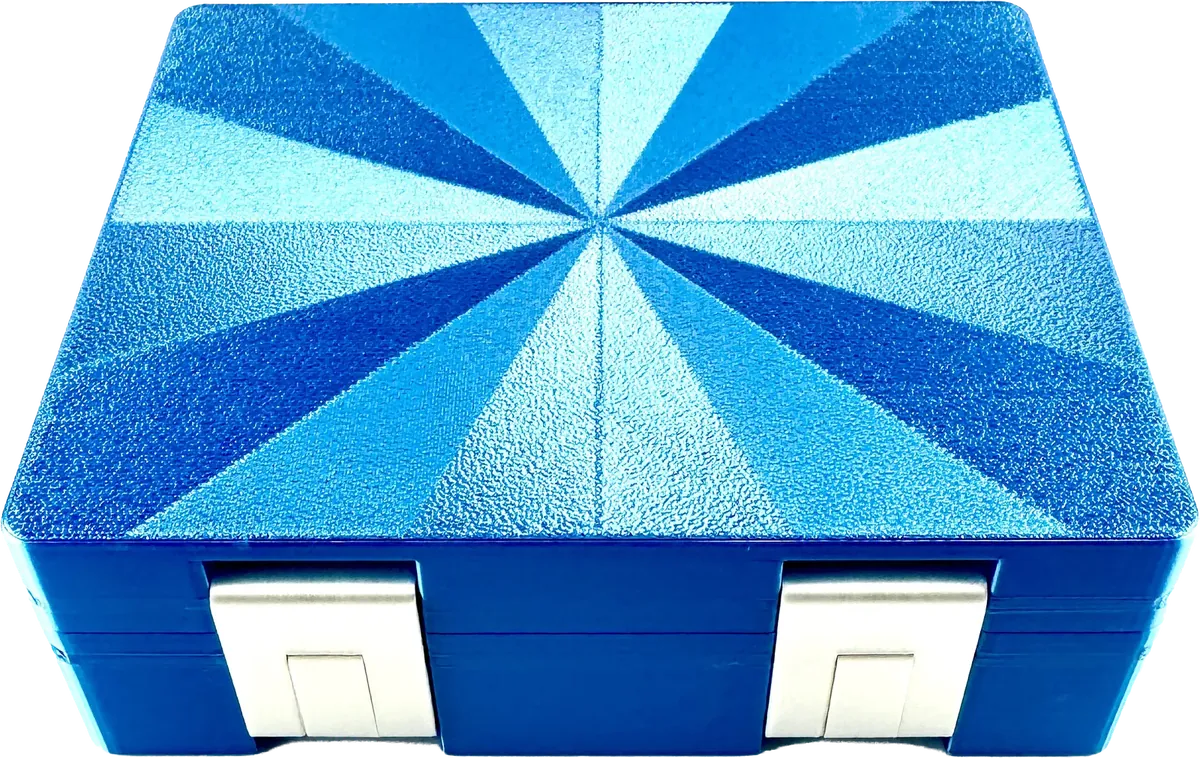 Blue metallic starburst vial box, closed