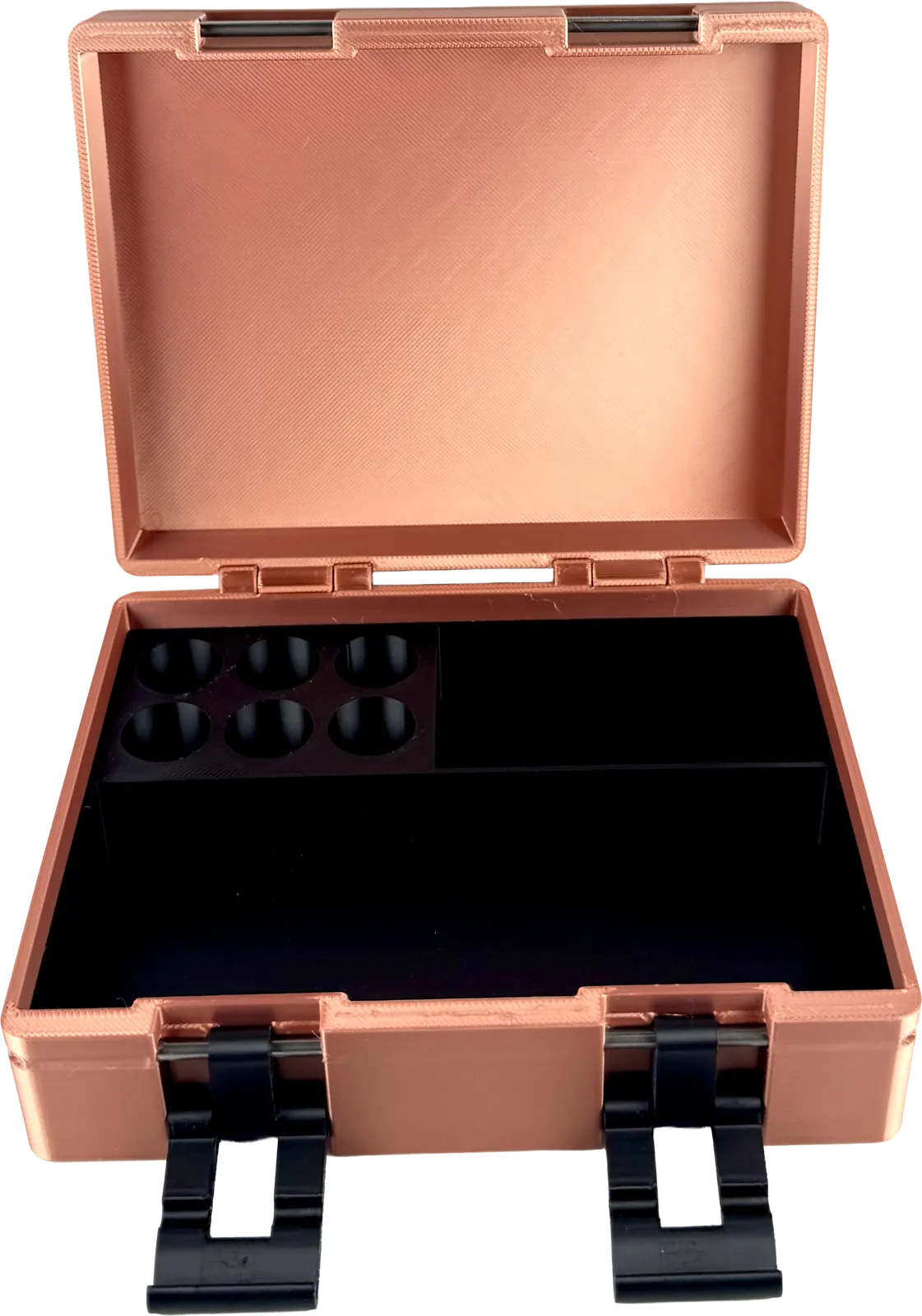 Salmon vial box open, showing an empty dark honeycomb interior