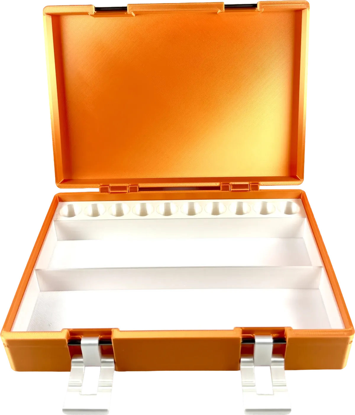 Orange vial box open, showing a white insert interior