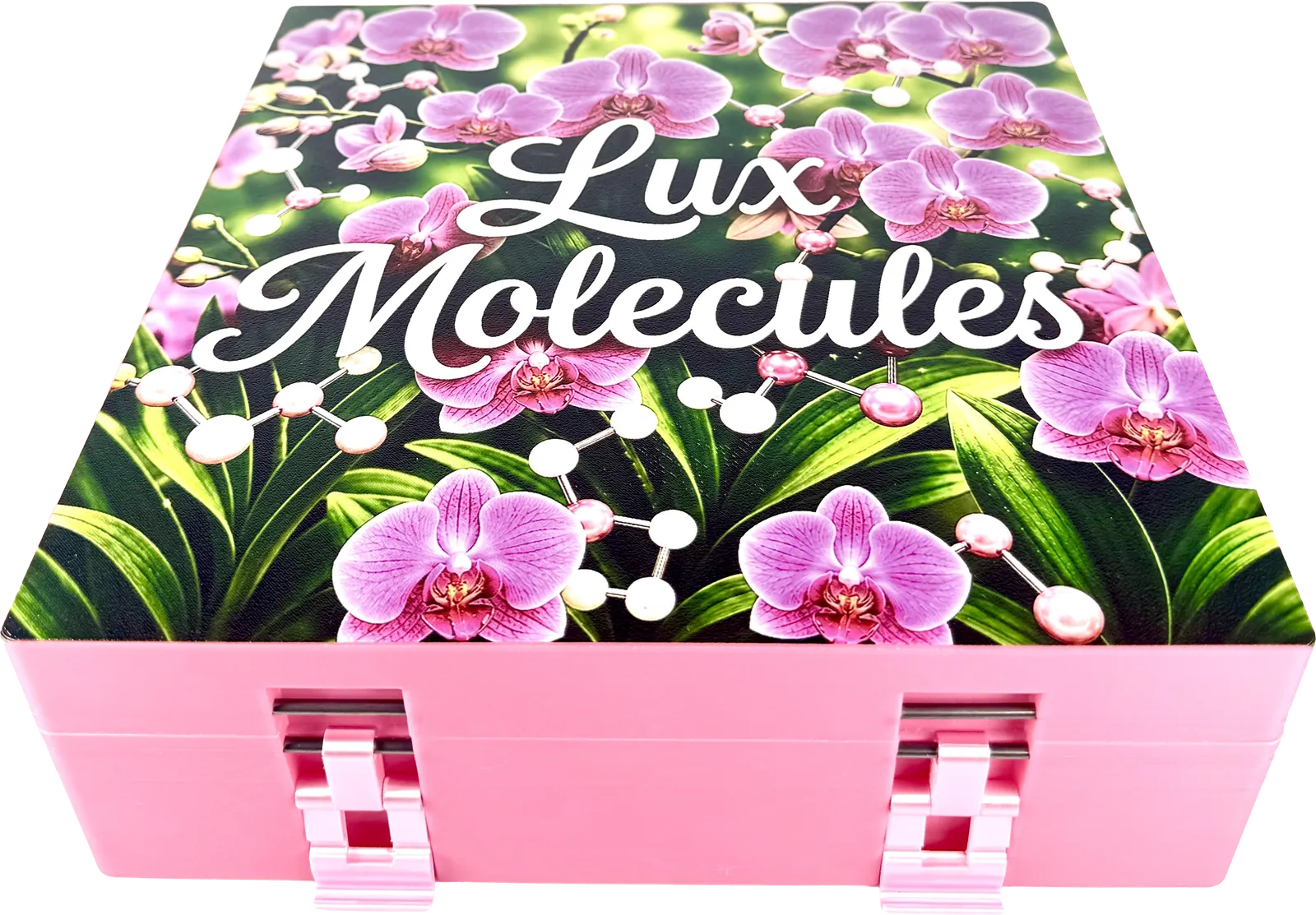 Pink vial box with the Lux Molecules floral logo printed on the lid