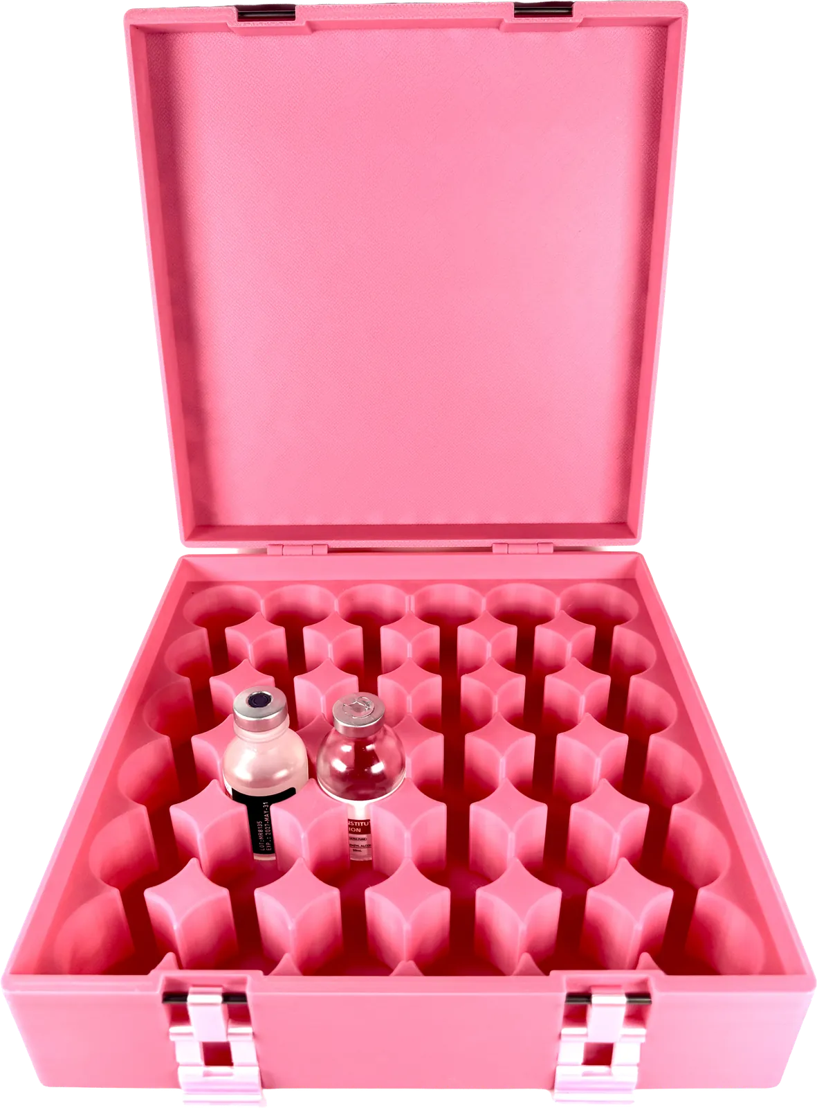 Pink vial box open, filled with pink vial rows