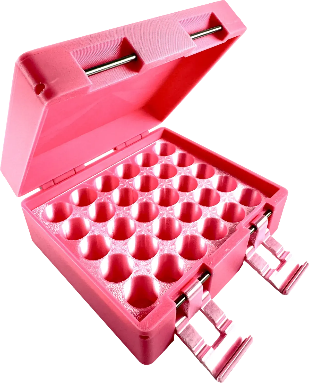 Pink vial box open, showing a pink honeycomb interior