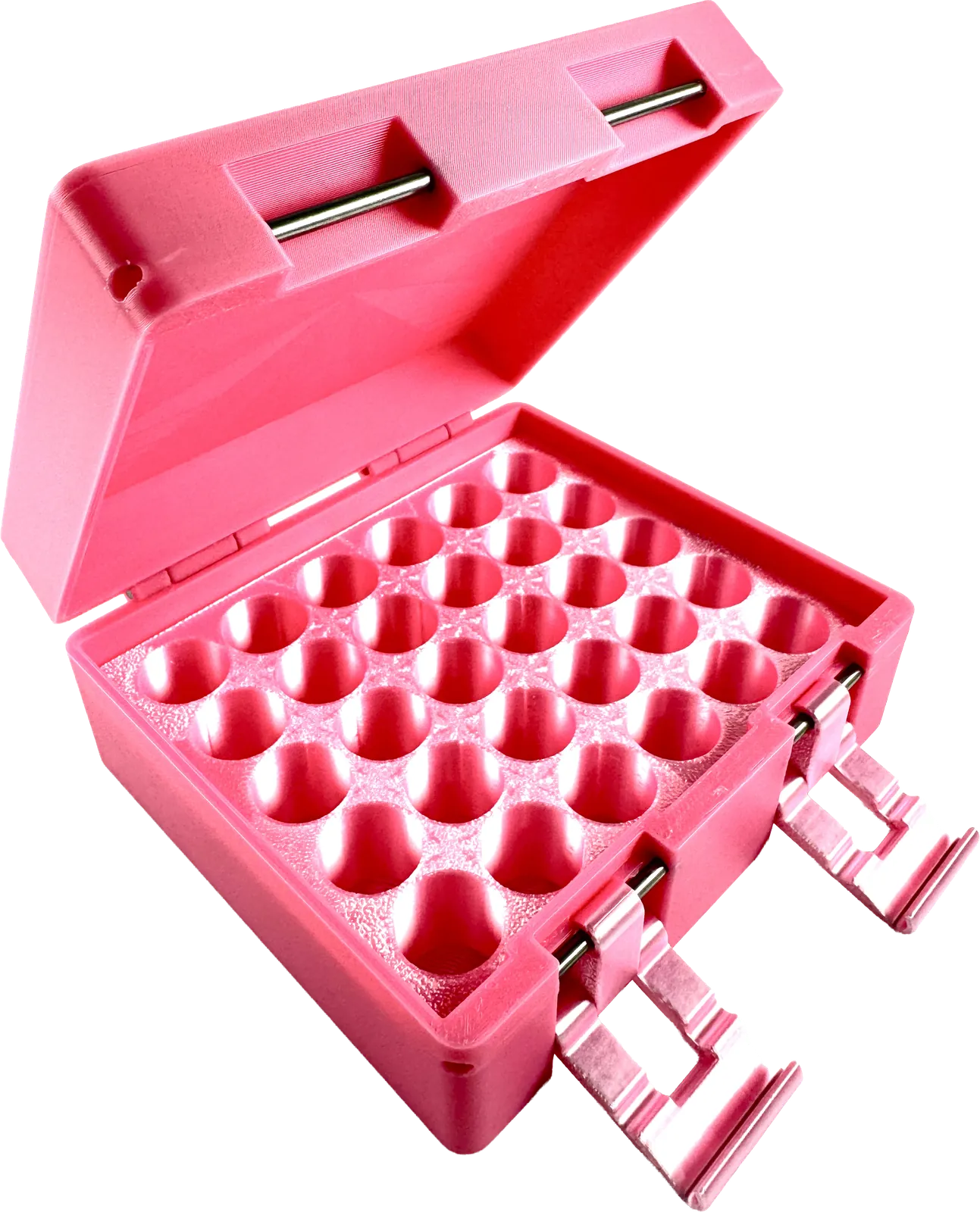 Pink vial box open, showing a pink honeycomb interior