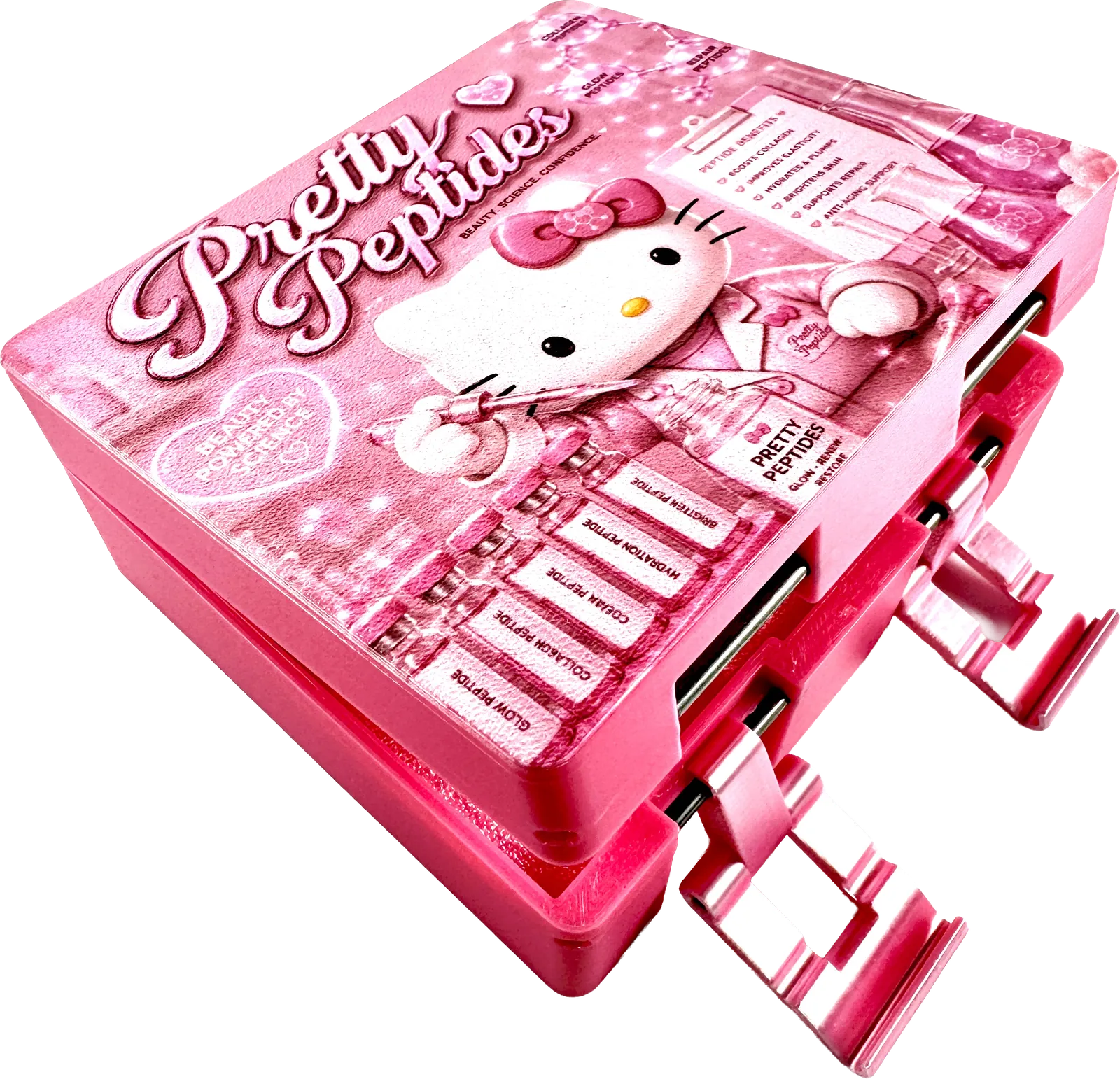 Pink Hello Kitty 'Pretty Peptides' vial box with a full-color printed lid