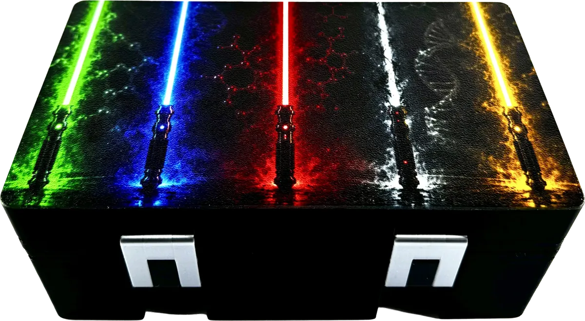 Black vial box with a lightsaber graphic UV-printed across the lid