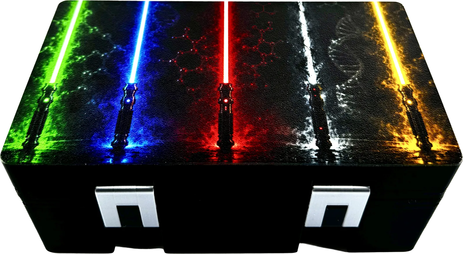 Black vial box with a lightsaber graphic UV-printed across the lid