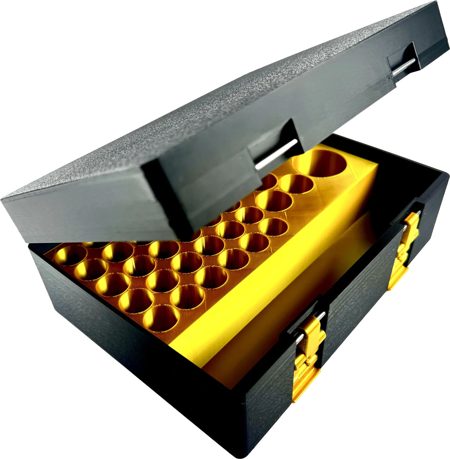 Graphite vial box open, showing a full grid of gold vial rows