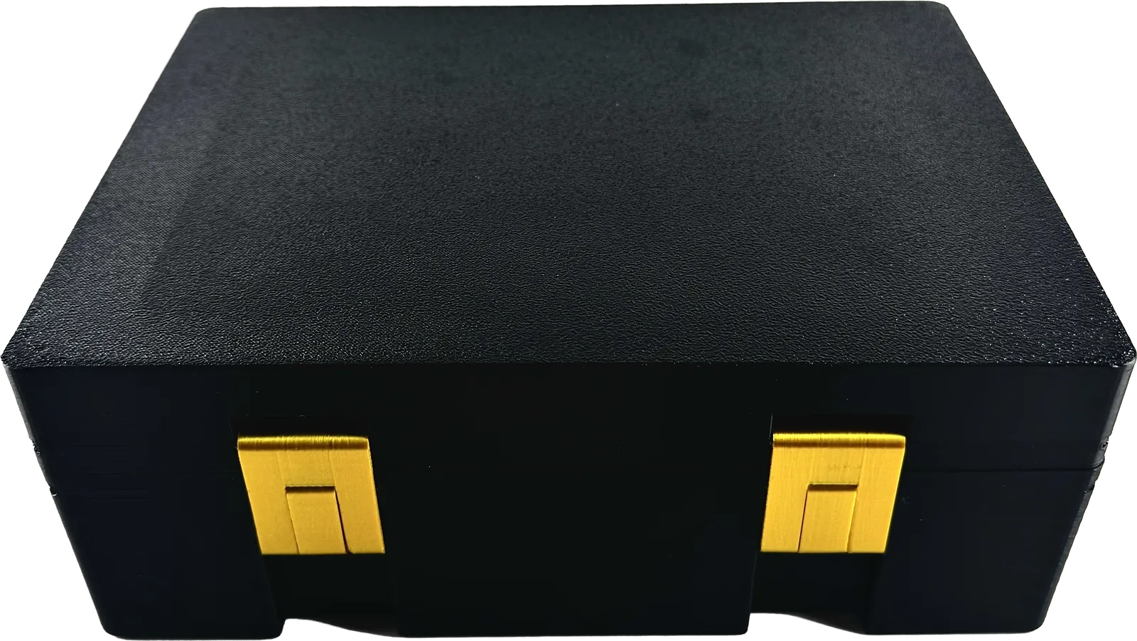 Black vial box with gold latches, closed